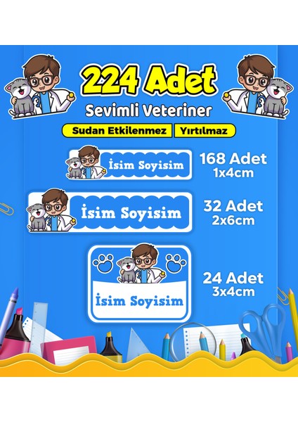 Sevimli Veteriner Temalı Okul Kreş Kişiye Özel Isim Etiket Seti - Model 519