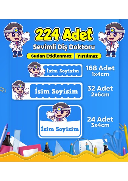 Sevimli Diş Doktoru Temalı Okul Kreş Kişiye Özel Isim Etiket Seti - Model 511