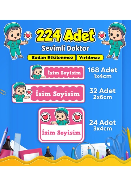 Sevimli Doktor Temalı Okul Kreş Kişiye Özel Isim Etiket Seti - Model 514