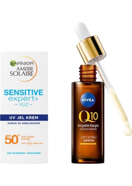 SPF50+ Güneş Koruyucu Jel Krem 50 ml + NIVEA-Q10 Kırışıklıkkarşıtı Çift Etkili Cilt Serumu 30ML