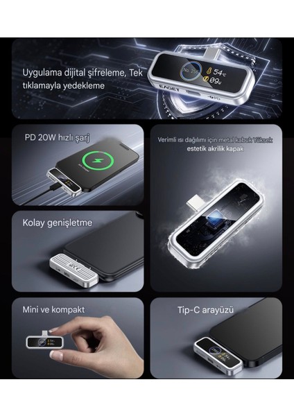 128Gb.Type-C Flash Bellek Lcd Akıllı Ekranlı Şifreleme Özellikli 20w Pd Hızlı Şarj Type-C Girişli Tüm Telefonları Uyumlu Ce Lisanslı Orjinal Yeni Nesil