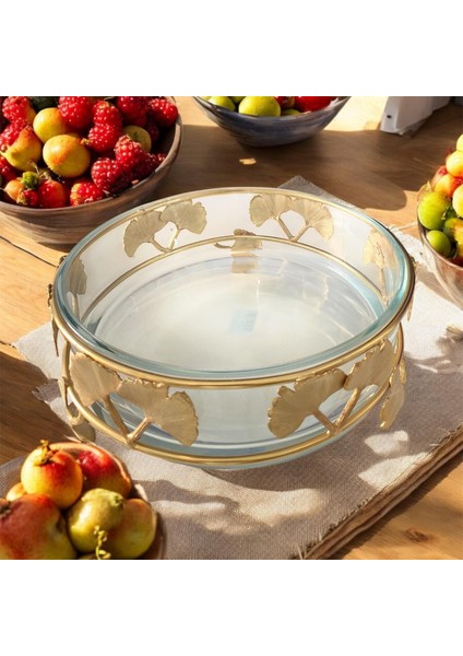 Metal Yaprak Ayaklı Cam Sunum Tabağı Yuvarlak 25 cm Gold