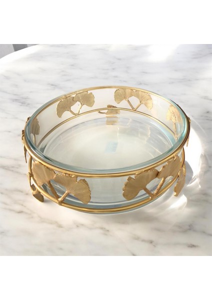 Metal Yaprak Ayaklı Cam Sunum Tabağı Yuvarlak 25 cm Gold fiyatları