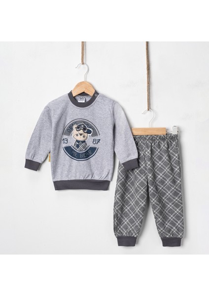 Baby Penye Ekose Alt Melanj Üst Pijama Takımı 9-18 Ay %100 Pamuk (Tam Kalıp)