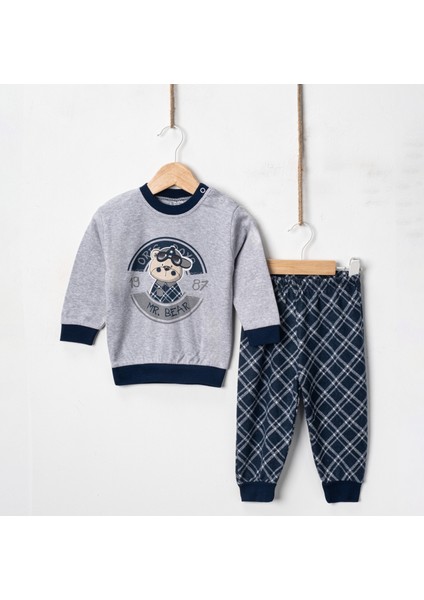 Baby Penye Ekose Alt Melanj Üst Pijama Takımı 9-18 Ay %100 Pamuk (Tam Kalıp)