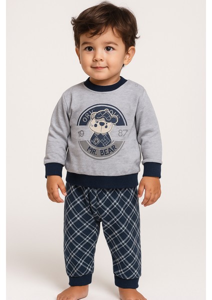 Baby Penye Ekose Alt Melanj Üst Pijama Takımı 9-18 Ay %100 Pamuk (Tam Kalıp)