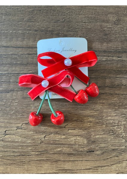 Kadın Kız Çocuk 2 Adet Kırmızı Kadife Taşlı Kiraz Pens Toka