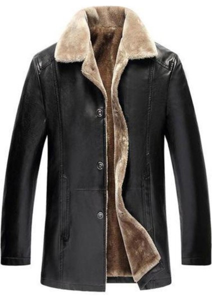 Hakiki Deri Içi Kürklü Düğmeli Yandan Cepli Erkek Deri Ceket