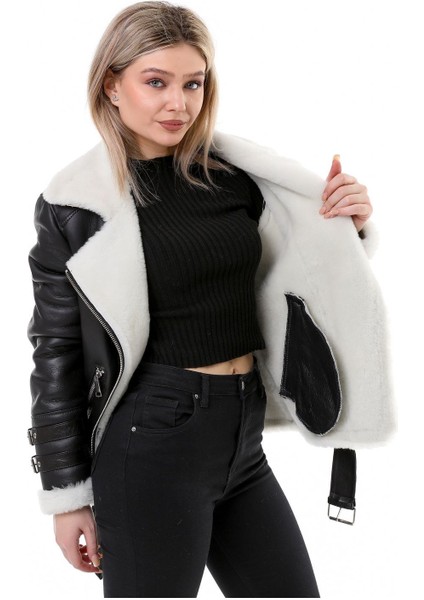 Hakiki Deri Kürk Görünümlü Kadın Ceket