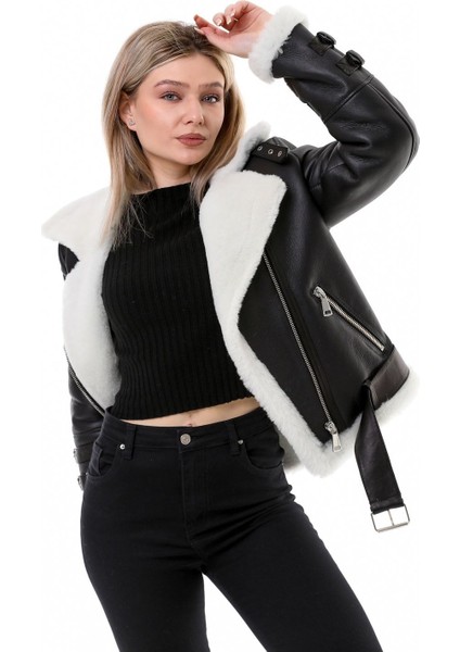 Hakiki Deri Kürk Görünümlü Kadın Ceket