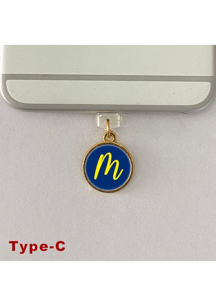 M Harfi Type-C Uyumlu Telefon Şarj Portu Toz Tıpası Toz Tıkacı Epoksi Charm Sarı Lacivert