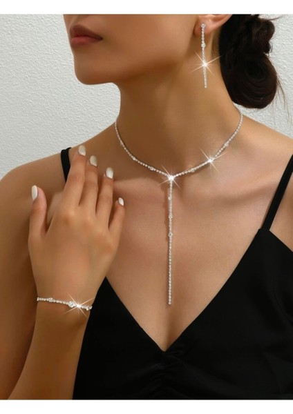 Gümüs Kaplama Gizem Kolye Kupe ve Bileklik Seti 3'lü Set Davet Dügün Nisan Abiye