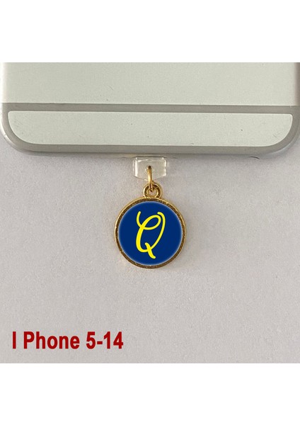 Q Harfi Iphone 5-14 Uyumlu Telefon Şarj Portu Toz Tıpası Toz Tıkacı Epoksi Charm Sarı Lacivert