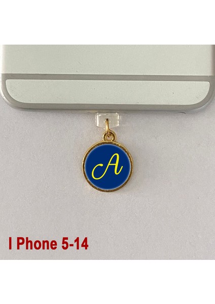 A Harfi Iphone 5-14 Uyumlu Telefon Şarj Portu Toz Tıpası Toz Tıkacı Epoksi Charm Sarı Lacivert