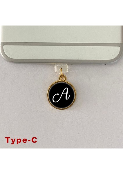 A Harfi Type-C Uyumlu Telefon Şarj Portu Toz Tıpası Toz Tıkacı Epoksi Charm Siyah Beyaz