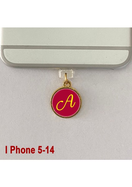 A Harfi Iphone 5-14 Uyumlu Telefon Şarj Portu Toz Tıpası Toz Tıkacı Epoksi Charm Sarı Kırmızı