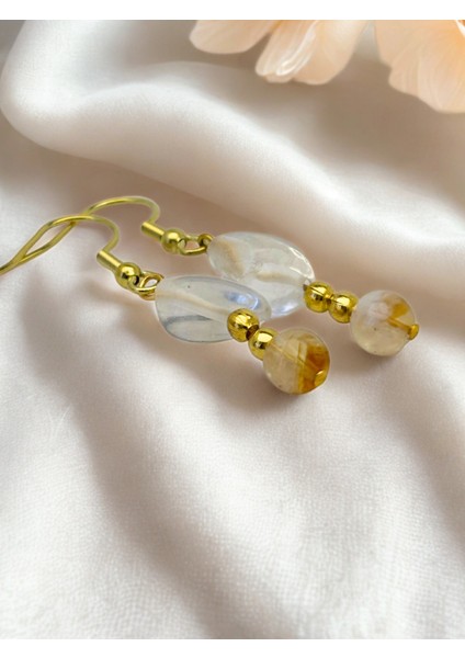 Doğal Taş Kristal Kuvars & Sitrin Kadın Küpe - Boho Tarzı Gold Renk Kancalı Yazlık Küpe modelleri