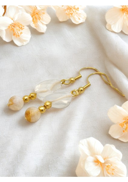 Doğal Taş Kristal Kuvars & Sitrin Kadın Küpe - Boho Tarzı Gold Renk Kancalı Yazlık Küpe fırsatları