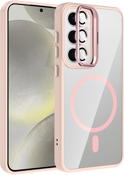 Galaxy S24 Kılıf Standlı ve Kamera Lens Hediyeli M-Safe Şarj Özellikli Ucy Etro Kapak - Pembe