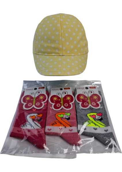 4-8 Yaş Kız Çocuk Yazlık Şapka Pınar 5-6 Yaş 3 Renk Çorap 4 Lü Set