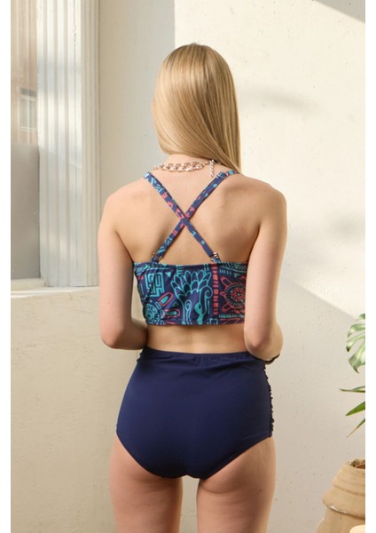 Bikini Takımı Toparlayıcı Büzgülü Model Nilüfer Desen Siyah fırsatları