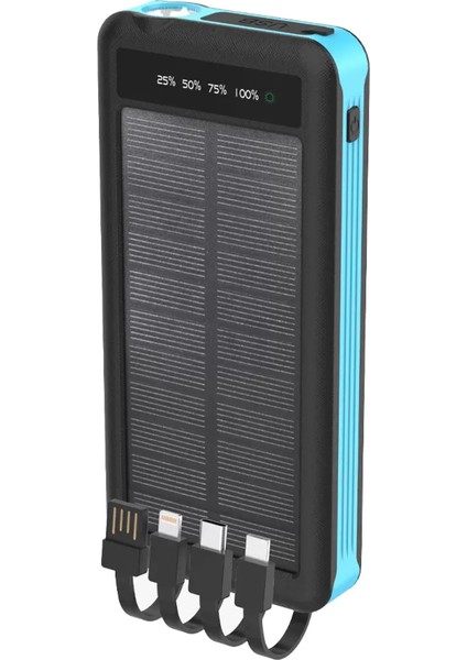 LKP48 10.000 Mah Güneş Enerjili LCD Göstergeli Kablolu Powerbank - Hızlı Şarj