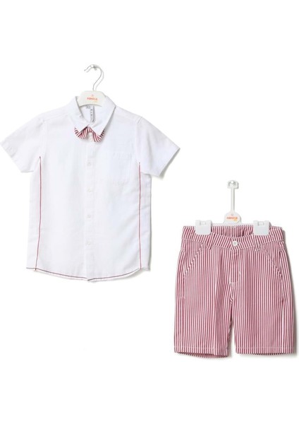 Papyonlu Gömlek Çizgili Şort Takım Kırmızı