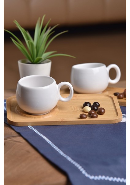 Bambu Sunum Tabaklı 2'li Kahve Fincan Takımı, Beyaz, Şık ve Kullanışlı Set fiyatları