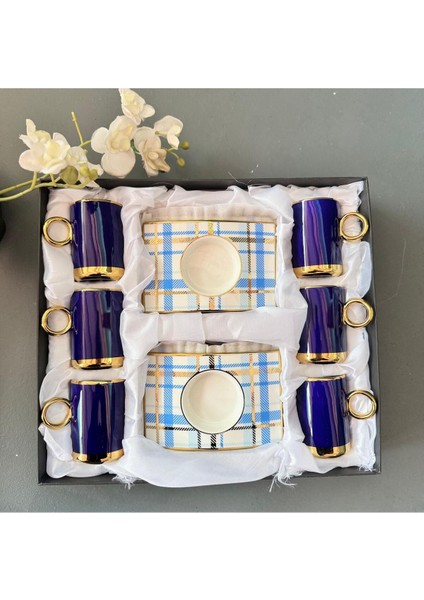 Lacivert Ekose Fincan Takımı – Şık ve Zarif Çay Fincanı Seti