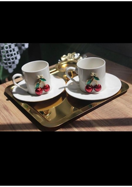 Iki Kişilik Kiraz Temalı Kahve Fincan Takımı, Kırmızı Renkli, Zarif ve Şık Tasarım fiyatları