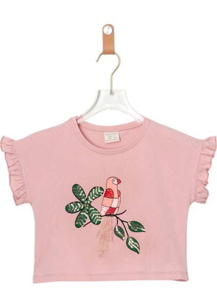 Kuş Baskılı Crop Tshırt Gül Kurusu