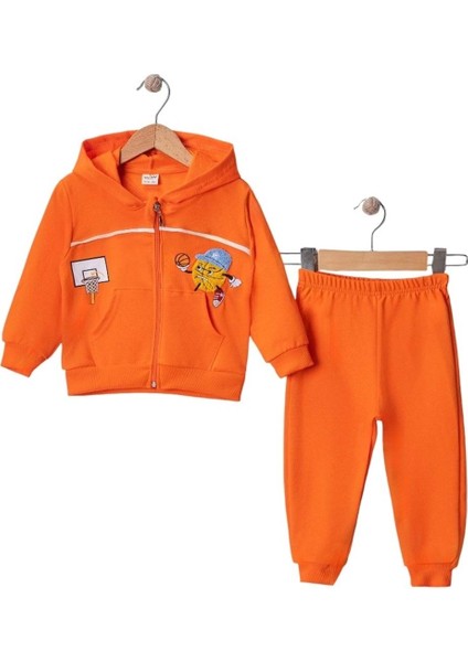 Nakışlı Kapşonlu Hırkalı Eşofman Takım Oranj