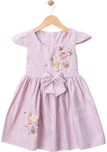 Baskılı Keten Elbise Pembe