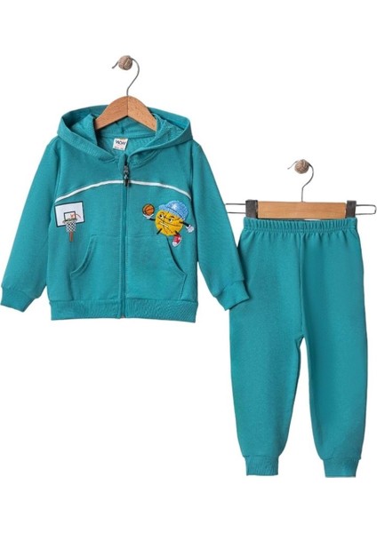 Nakışlı Kapşonlu Hırkalı Eşofman Takım Yeşil