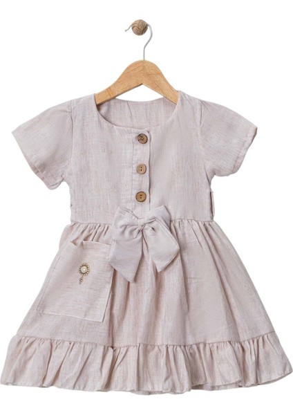 Tek Cepli Keten Elbise Bej