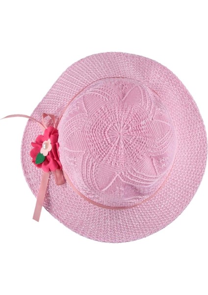 3/6 Yaş Kız Fiyonklu Hasır Fötr Şapka-50 cm Pembe