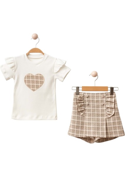 Kalp Nakışlı Penye Kazayağı Şort Takım Bej