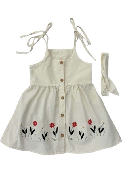 Bandanalı Nakışlı Renkli Elbise Ekru