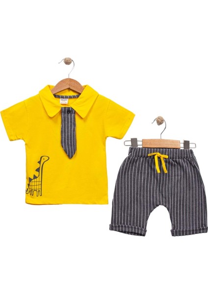 Wow Kravatlı Dinazorlu Sortlu Erkek Takım Sarı