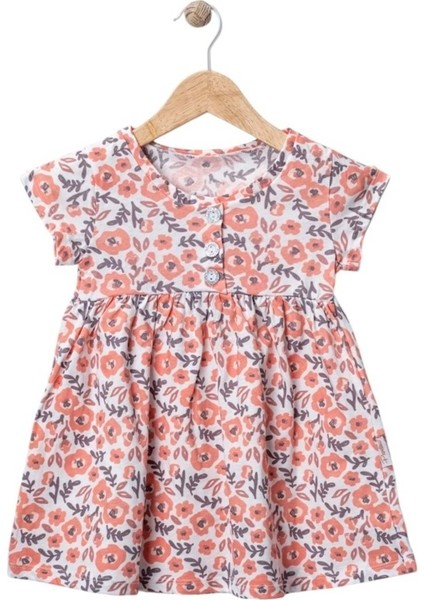 Düğmeli Çiçekli Elbise Nar Çiçeği