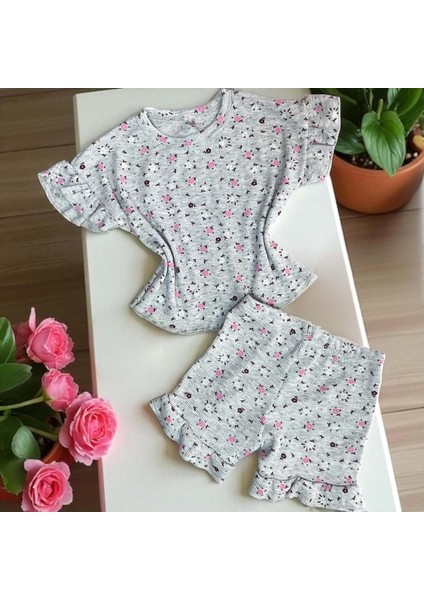 Fırfırlı Raporlu Desenli Tshırt Sort Takım Pembe fiyatları