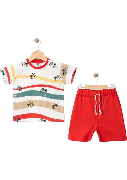 Palmiye Baskılı Şortlu Takım Kırmızı