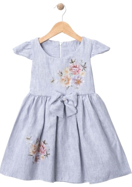 Baskılı Keten Elbise Mavi