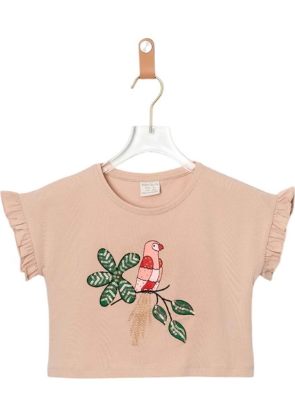Kuş Baskılı Crop Tshırt Bej