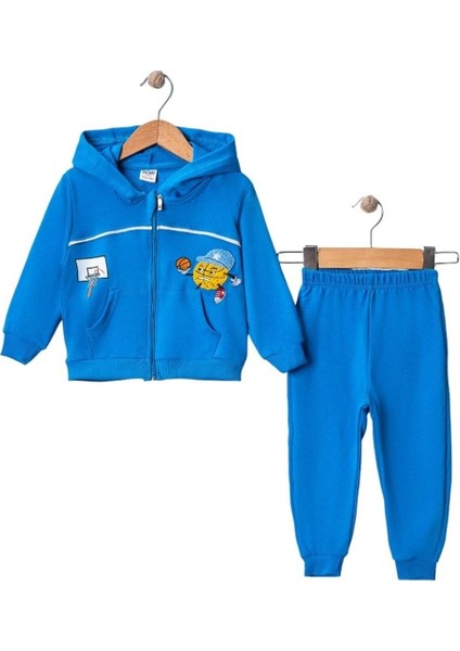 Nakışlı Kapşonlu Hırkalı Eşofman Takım Saks