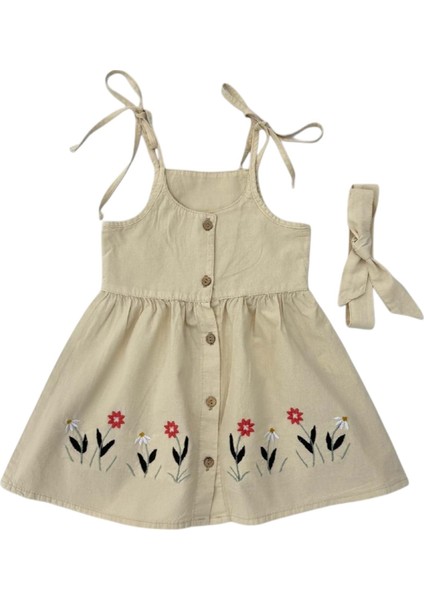 Bandanalı Nakışlı Renkli Elbise Bej