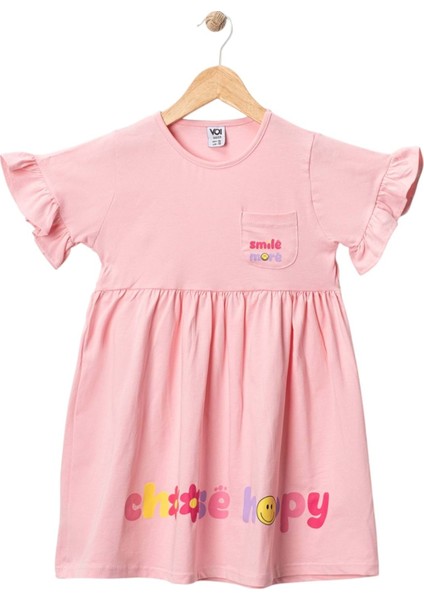Smıle Baskılı Baskılı Cepli Elbise Pembe