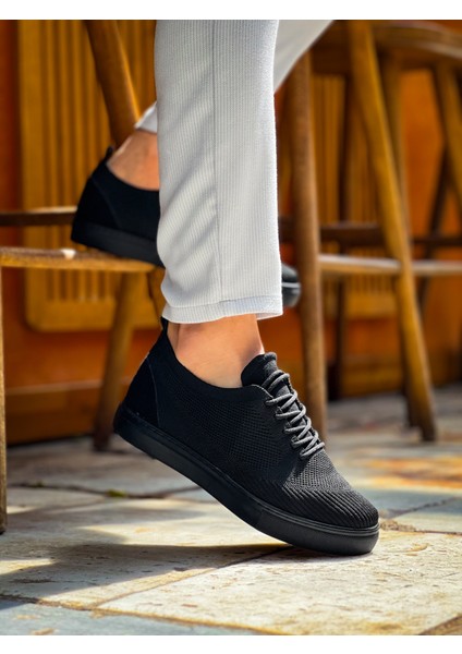 J101 Bağcıklı Ortopedik Taban Triko Erkek Spor Sneaker Ayakkabı St Siyah