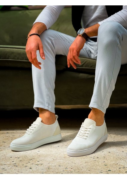 J101 Bağcıklı Ortopedik Taban Triko Erkek Spor Sneaker Ayakkabı Bt Beyaz