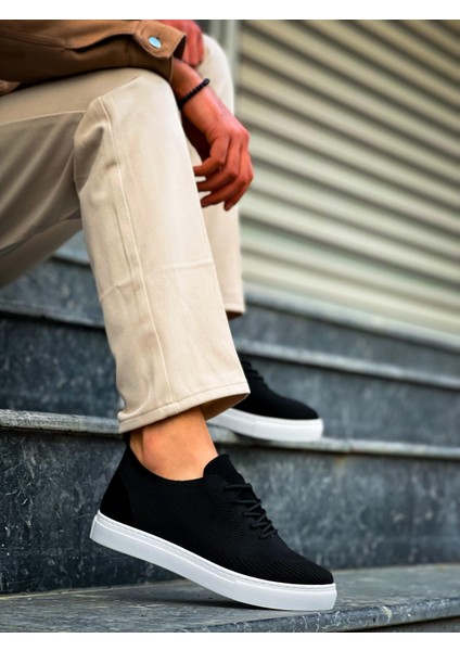 J101 Bağcıklı Ortopedik Taban Triko Erkek Spor Sneaker Ayakkabı Bt Siyah